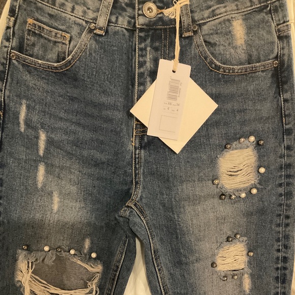 🆕Med Dark Blue Pearl Embellished Boho Distressed Ripped Knee Straight Leg Jeans - Picture 8 of 9